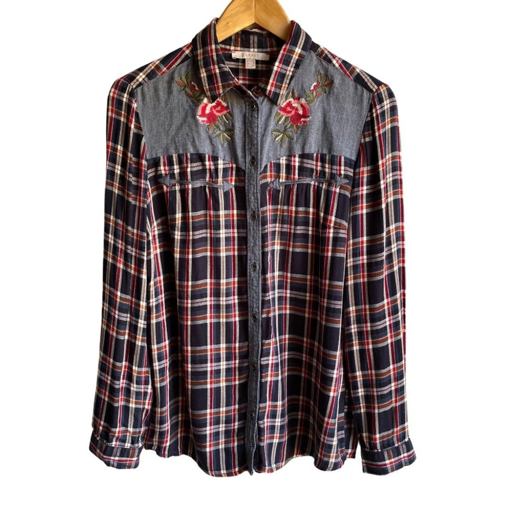 Women’s Plaid Button Up Blouse Floral Embroidery Western Rodeo Medium Fall Horse